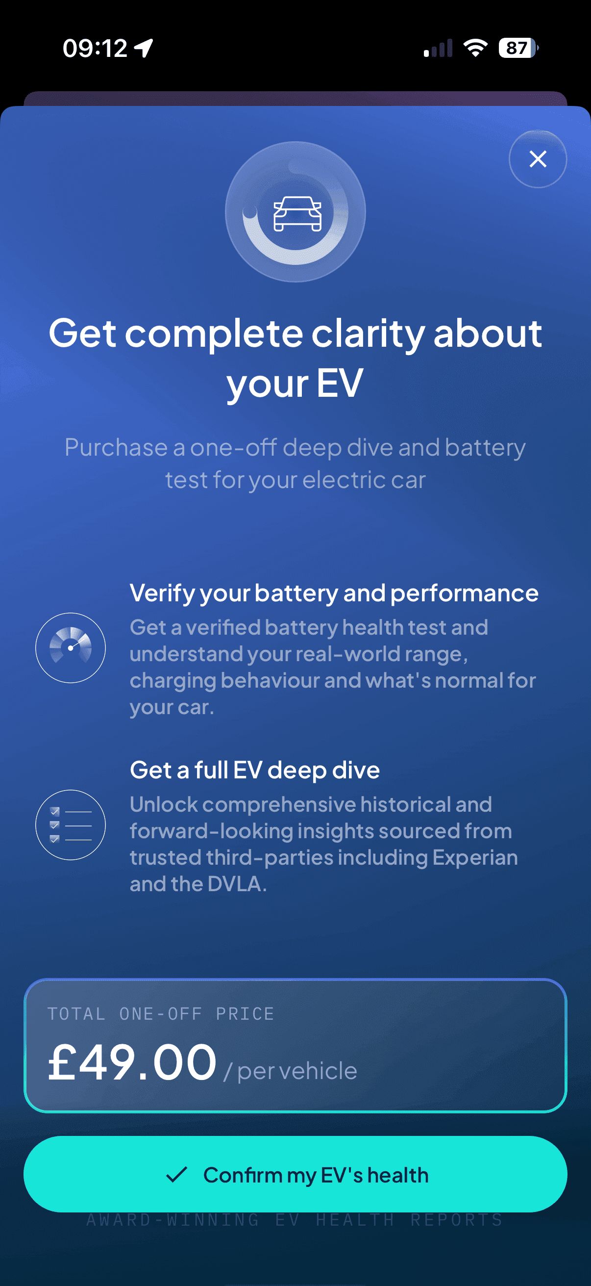 ClearWatt app EV deep dive and battery test screen